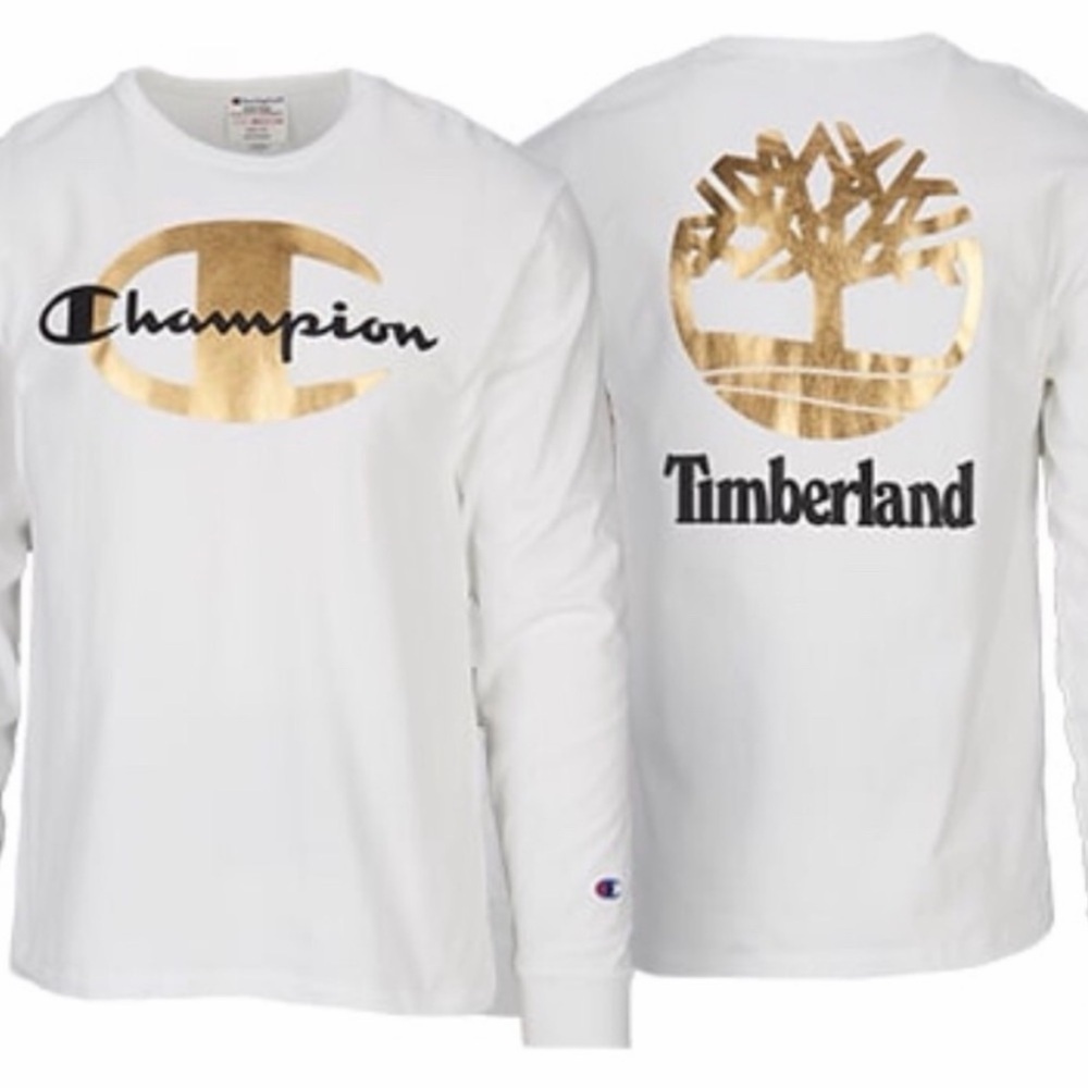 Champion x Timberland Metallic Gold Logo Long Sleeve Shirt Size Medium